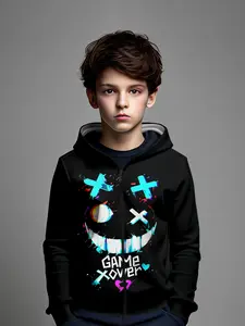 Boys' Game-Themed Zip-Up Hoodie, Casual Fitted Design, Moderate Fabric, Perfect for Fall & Winter, Stylish Gaming Apparel, Graphic Print Hoodie