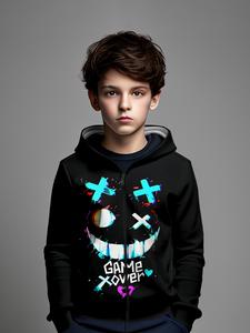 boys' game-themed zip-up hoodie, casual fitted design, moderate fabric, perfect for fall & winter, stylish gaming apparel