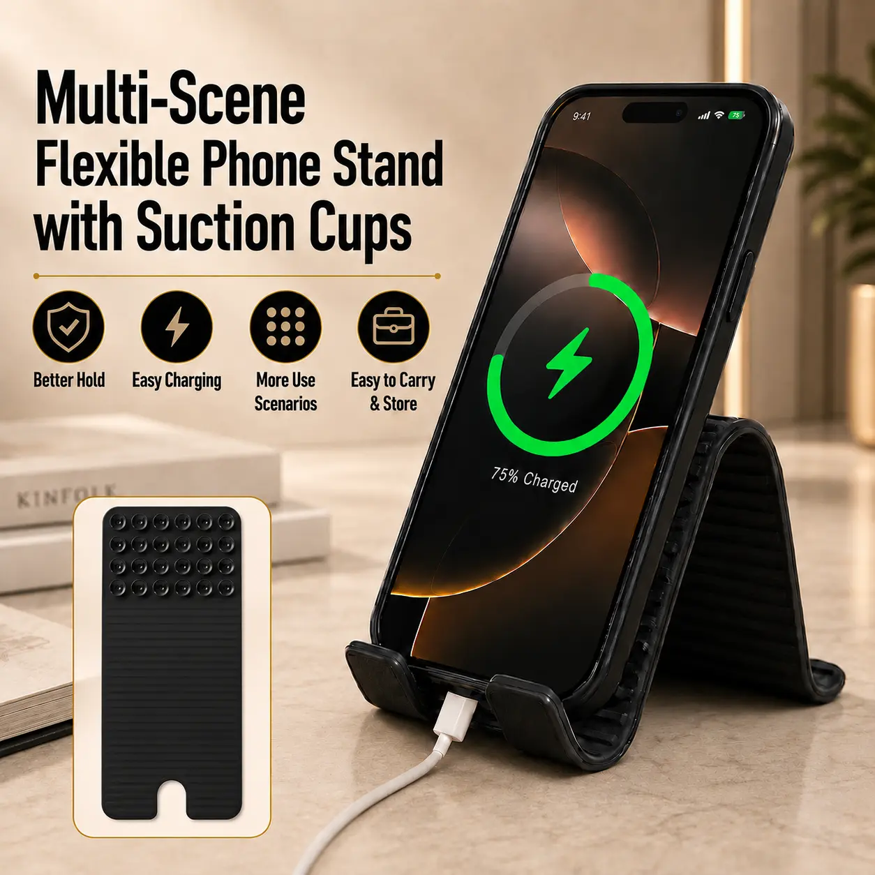 The Ultimate Multi-Scene Flexible Phone Stand with Suction Cups – Foldable Hands-Free Holder for Desk, Wall, Glass, Phone Back & More Smartphone Cellphone Folding  Mount