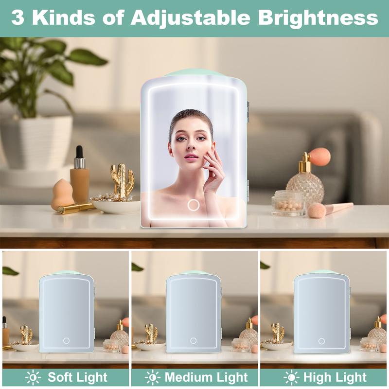 iceBLUE Mini Fridge for Bedroom 4L/6 Cans Skincare Fridge with Dimmable LED Light Mirror Portable Mini Fridge for Dorm Office and Car Cooler and Warmer for Refrigerating Makeup Skin Care and Food Black Green Beauty Refrigerator chilled  skincare organ iza