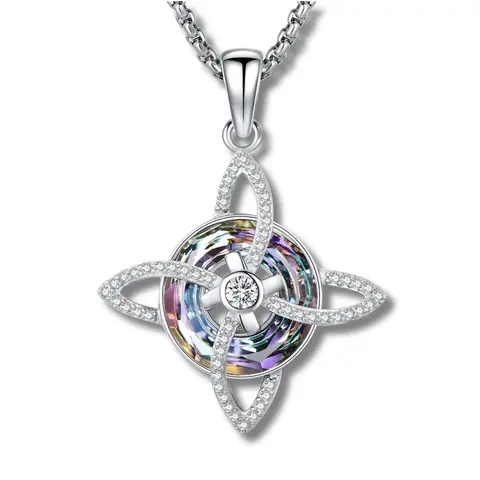 DRINSPER S925 Sterling Silver Round Witch's Knot Mysticism Pendant Necklace with Chain - Ethnic Pattern Nickel-Free Jewelry, Pagan Accessory for Adults, Trinity Knot Protection Amulet, Adjustable Harmony Iridescent Loop, Crystal Ring Connection Gift