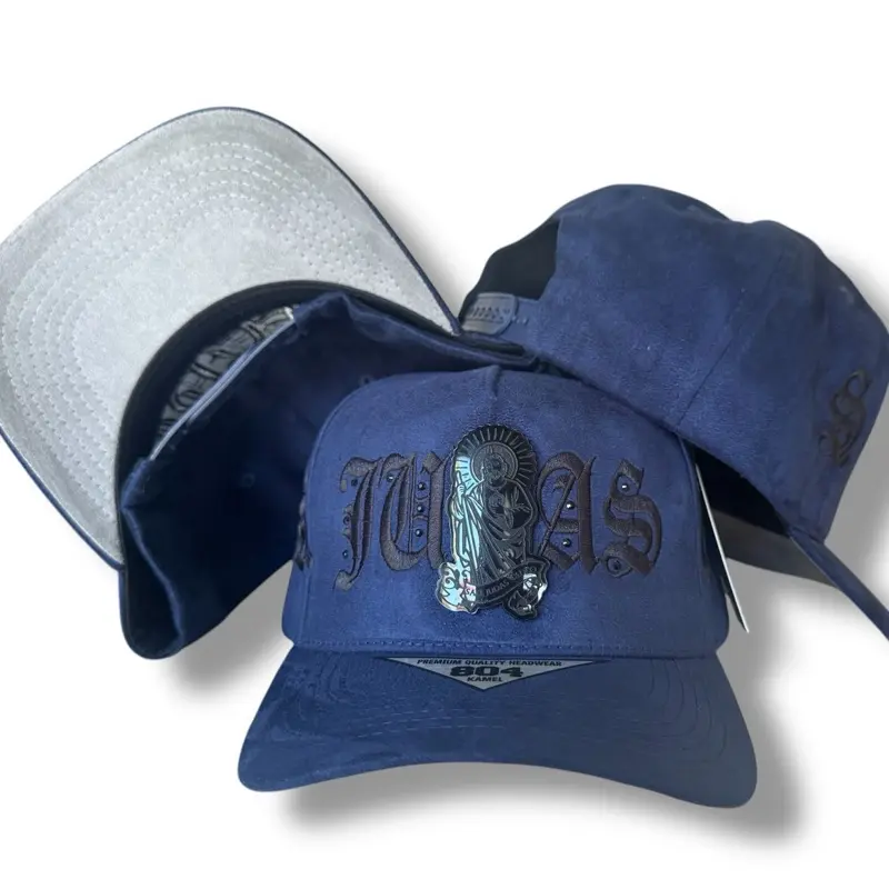 Blue Suede Snapback Hat for Men, Saint Jude Design with Black Stone Details and Embroidered Lettering, Snapback Hats, Men's Hats Snapback