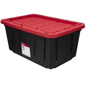 Hyper Tough Large Storage Bin, 27 Gallon Plastic Storage Container with Snap-On Lid, Black and Red, Industrial Creative Plastic Concepts