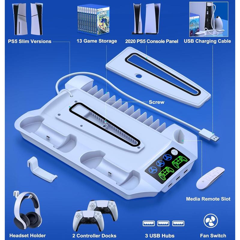 ESYWEN PS5 Pro/Slim Stand & Cooling Station with Controller Charging for PlayStation 5 Disc Digital Console, 3 Levels Fan, 13 Game Slots, 3 USB Hub, Headset Holder, Wearable