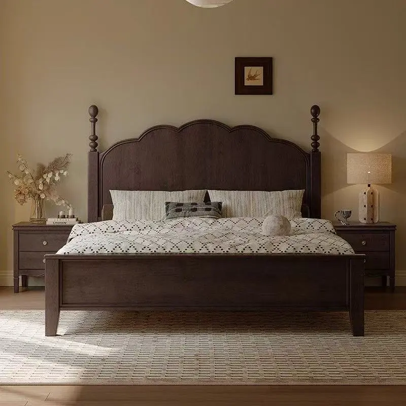 Elegant Dark Wood Bed with Curved Headboard and Matching Nightstands for Bedroom Decor