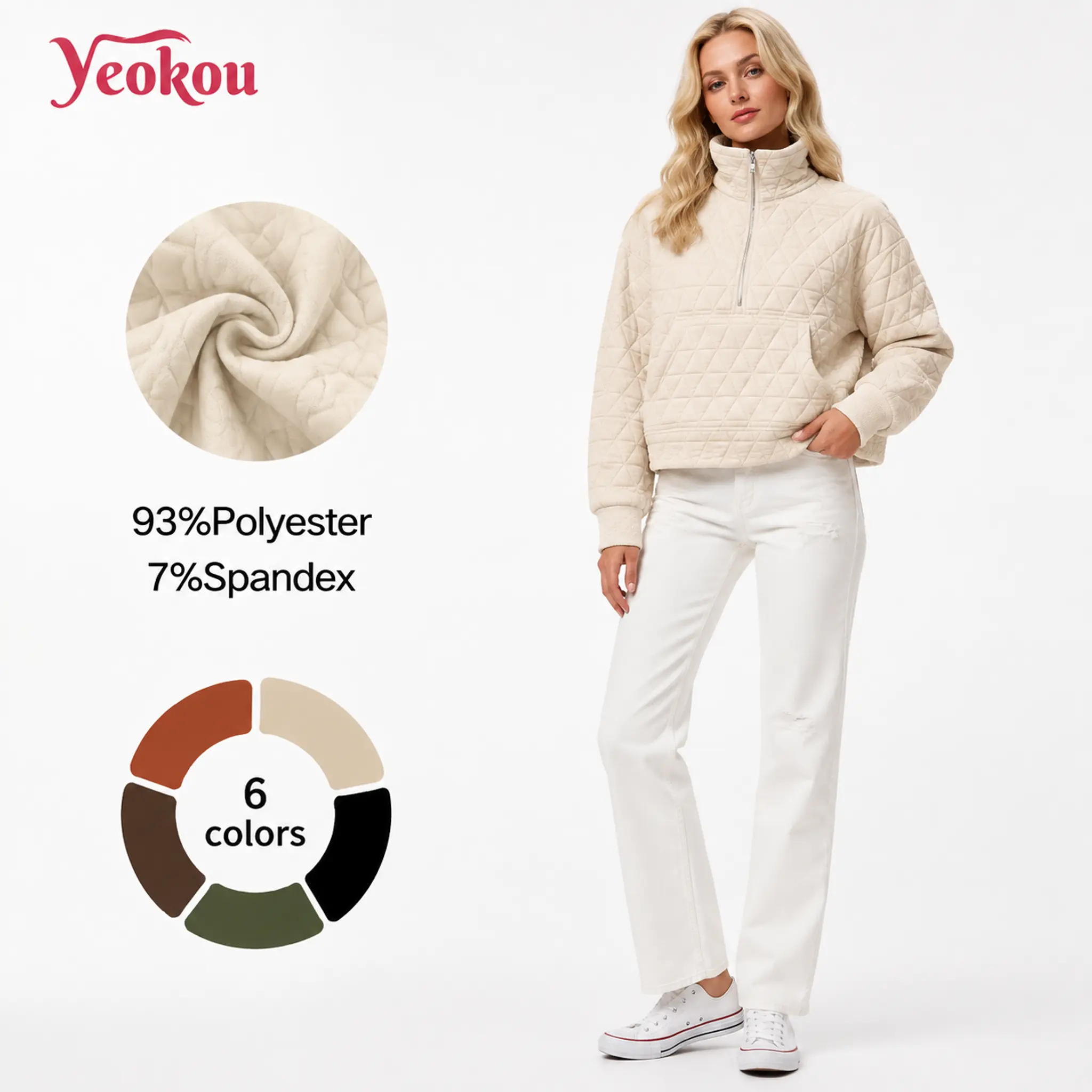 Yeokou Women's Baggy High Neck Quilted Pullover, Chic Retro Puffer Sweatshirt with Half Zip and Kangaroo Pocket, Woven, Zipper Front