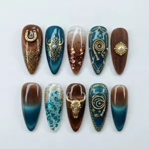 Western Boho Press On Nails, Teal Brown Ombre Nails, Gold Horseshoe Bull Skull Star Design,Rustic Cowgirl Nail Art