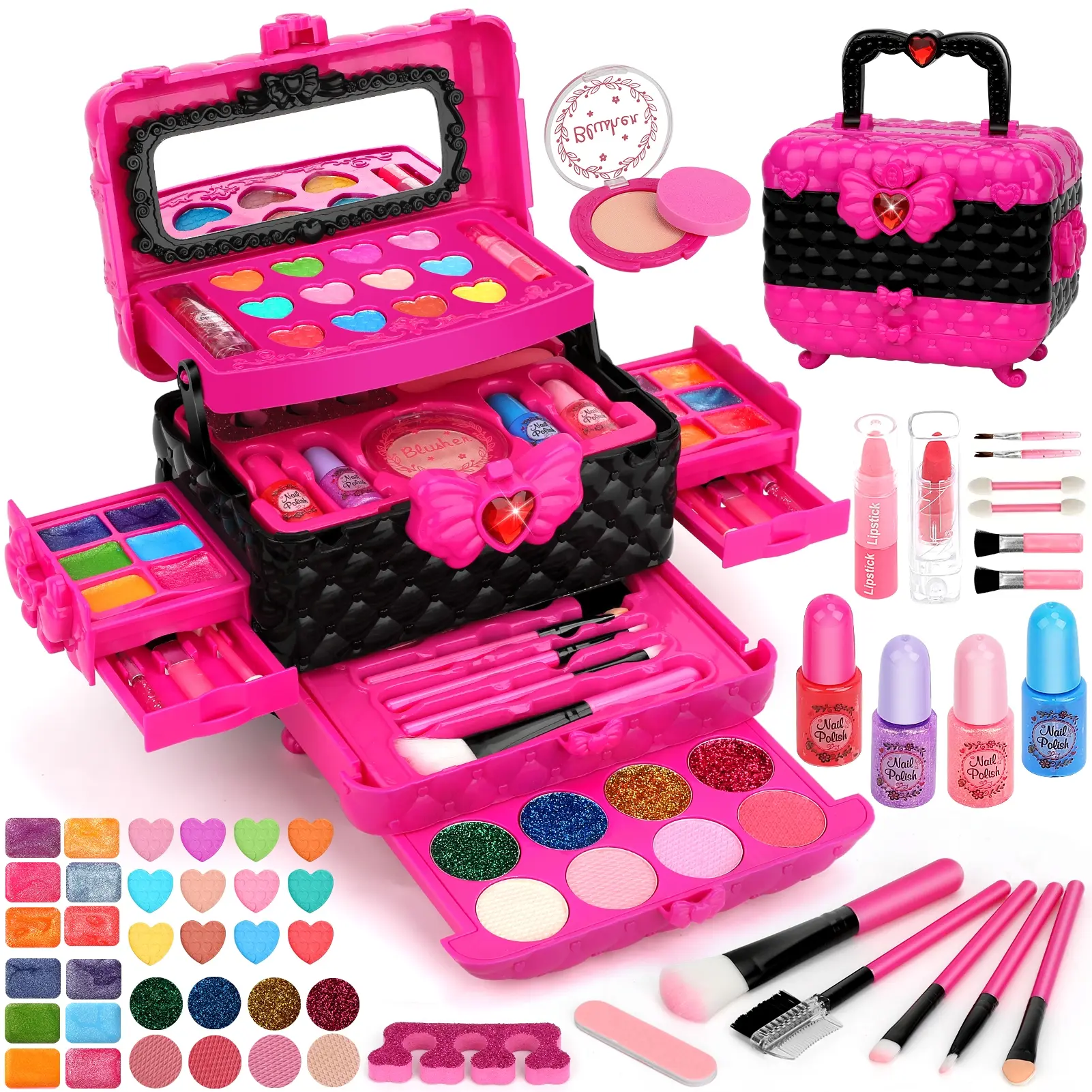 54 Pcs Kids Makeup Kit, Non-Toxic Washable Real Makeup Toy Set for Girls, Princess Pretend Playset Beauty Roleplay Toys, Perfect Birthday Party Holiday Christmas Gifts for Girls Ages 3 4 5 6 7 8 9 10 11 12 (Rose Black)