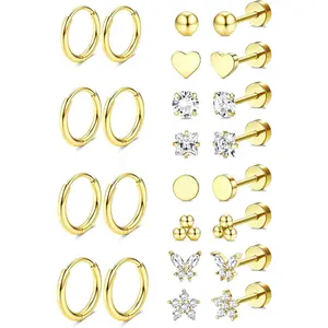 12 Pairs Gold Stud & Hoop Earrings for Women, Hypoallergenic Surgical Steel Earrings for Sensitive Ears, Comfortable Flat Back Earrings for Sleeping & Daily Wear, Nickel-Free Cartilage Earring Stack Set for Multiple Piercings
