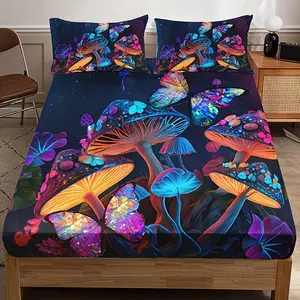 Colorful Mushroom Pattern Bedding Set, Includes 1 Fitted Sheet and 2 Pillowcases, Polyester Material, Digital Print, All Seasons Use