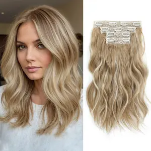Clip In Hair Extensions, 14inch Short Wavy Curly Clip In Hair Extensions Blonde Hair Extensions for Women 4Pcs Synthetic Beach Wavy Hair Extensions Invisible Lace Weft Hairpiece for Women