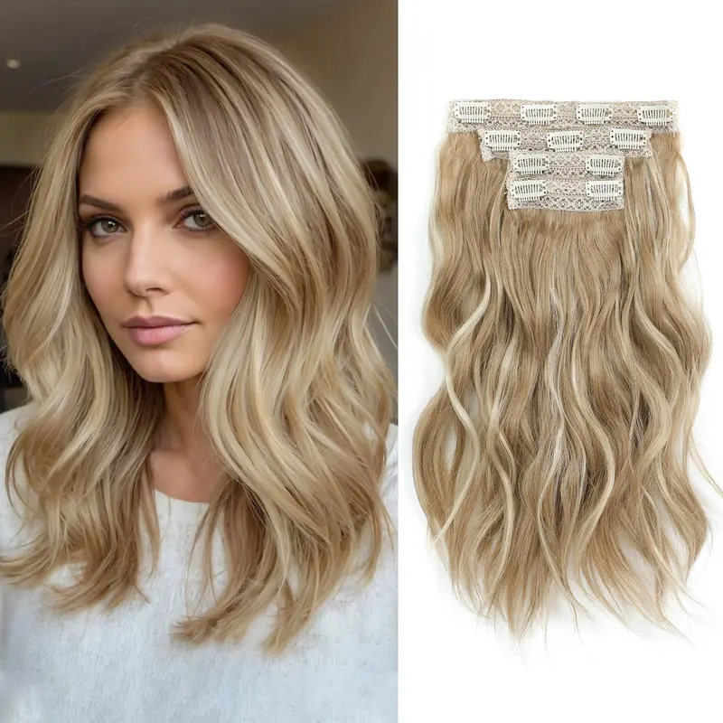 Clip In Hair Extensions, 14inch Short Wavy Curly Clip In Hair Extensions Blonde Hair Extensions for Women 4Pcs Synthetic Beach Wavy Hair Extensions Invisible Lace Weft Hairpiece for Women