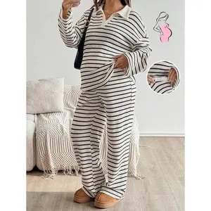 Winter 2-Piece Maternity Casual Striped Loose Batwing Long-Sleeve Top and Pants Set
