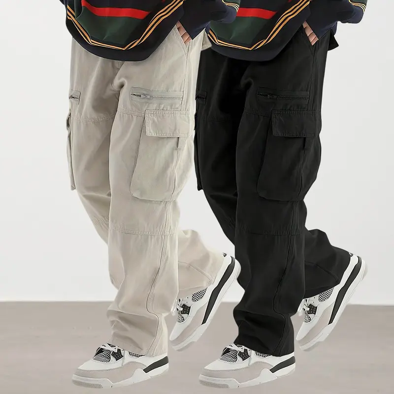 2 Pieces Men's Work Pants with Multiple Pockets, Solid Color Classic Loose Straight Leg, Relaxed Fit, Suitable for Casual Daily Wear and Outdoor Sports Pants