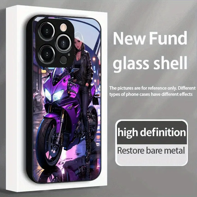 Phone Case - Women Riding Motorcycles on The Street at Night, High-Definition Reinforced Glass Phone Case, Suitable for iphone17 Air 16 15 Pro Max 14 Plus 13 12 11