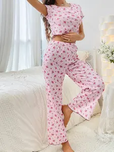 Two-Piece Set Women's Ditsy Floral Print Lettuce Trim Crop Top & Pants Pyjama Set, Button Short Sleeve Tee & Elastic Waist Trousers PJ Set, Casual Comfy Loungewear Set for Women