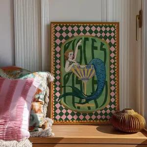 Pisces Zodiac Art Print Mermaid Cocktail Poster, Astrology Wall Decor, Vintage Horoscope Illustration