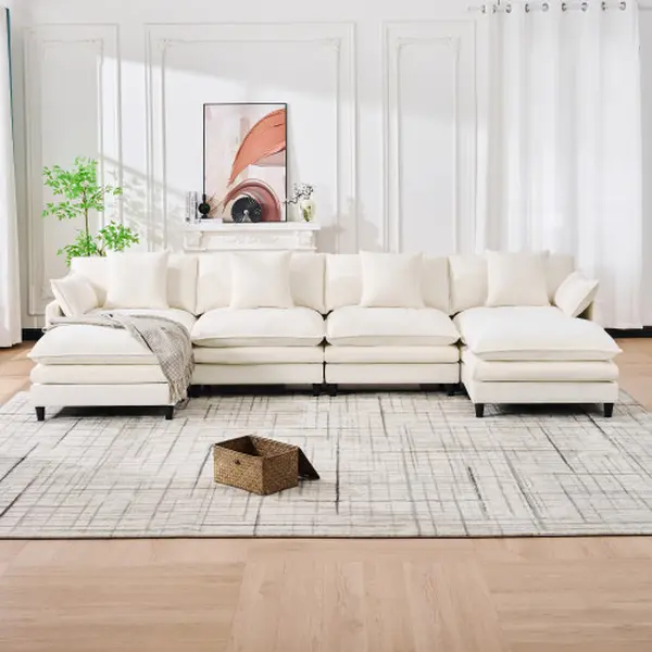SZLIZCCC 141" U-Shaped Modular Sectional Sofa, Chenille 4-6 Seater Convertible Couch with Detachable Armchairs, High-Density Foam & Spring Cushions, Deep Seat for Living Room (Beige)