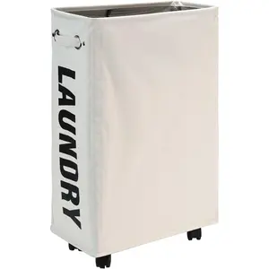 25-Inches Slim Laundry Basket on Wheels, Collapsible Rolling Laundry Hamper, Foldable Corner Clothes Bins (Beige)