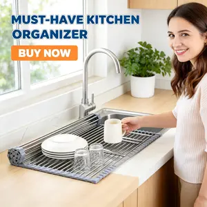 Foldable Over Sink Dish Drying Rack – 304 Stainless Steel Roll-Up, Easy Clean, Hygienic, Heat Resistant Space-Saving Kitchen Organizer Utensils Adjustable Pot Lid sink organizer self-draining