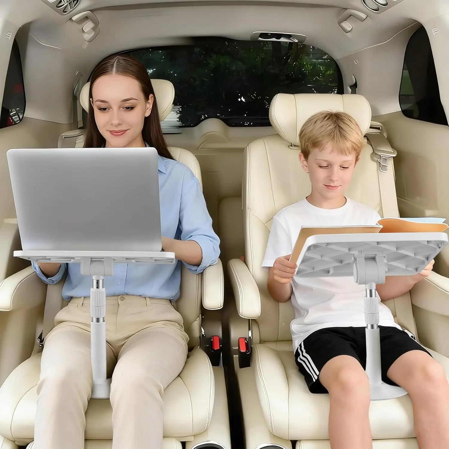 Gugxiom Car Seat Tray Table for Adults/Kids, 0-90° Angle & 15-17.3in Height Adjustment, Car Lap Desk for Laptop Computer Tablet, with Page Clamp, for Home Office Car