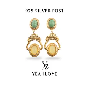 YEAHLOVE Vintage Gold Scarab Drop Earrings  925 sterling silver posts — hypoallergenic & sensitive ears friendly. Green gemstone statement earrings with retro boho elegance. Perfect for parties or daily wear.