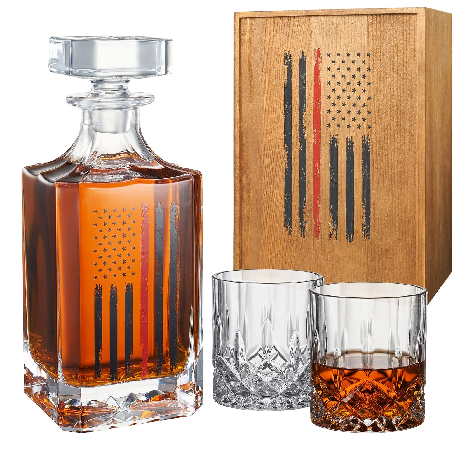 Firefighter Tactical Red Tattered American Flag Decanter Gift Set 730ML