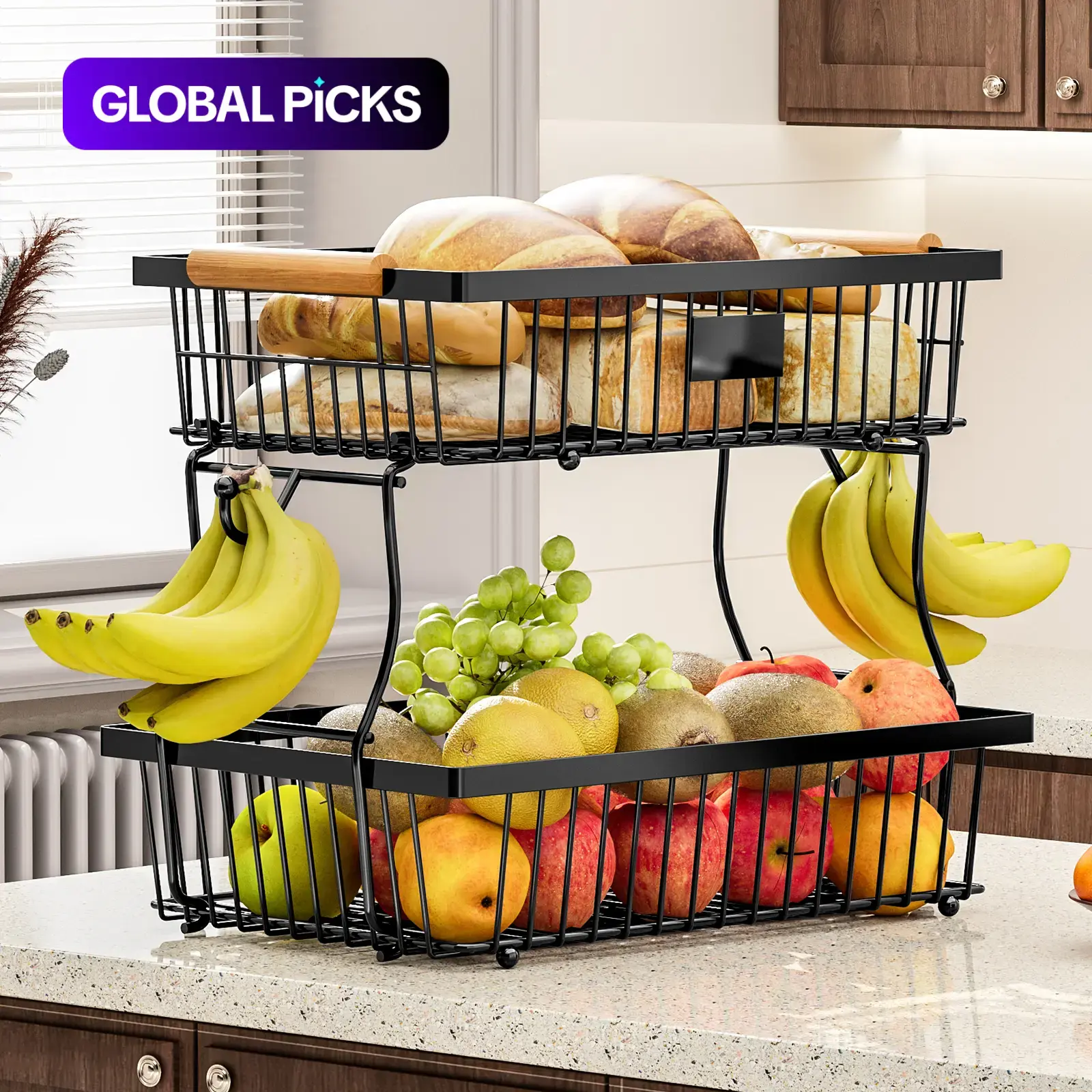 Kitchen Fruit and Vegetable Storage Rack, 2-Tier Metal Storage Basket with Hooks, Multifunctional Household Organiser Interior Storage Organizer Storage Rack for Kitchen and Bathroom #GLOBAL PICKS