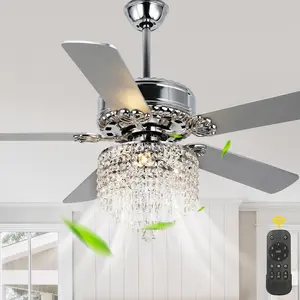52" 5 Wooden Blades Crystal Large Size Reversible Ceiling Fan with Remote and 3 Lights, DC Motor Ceiling Fan