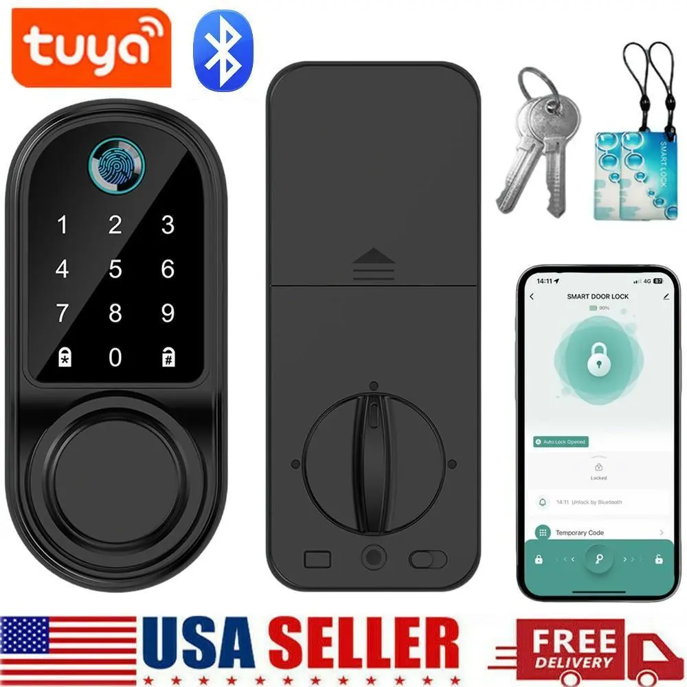 ToolUpgrade Smart Bluetooth Fingerprint Password Deadbolt Door Lock with Keypad+Keys - Keyless Access Deadbolt Handle, Suitable for 35-55mm Thickness Doors