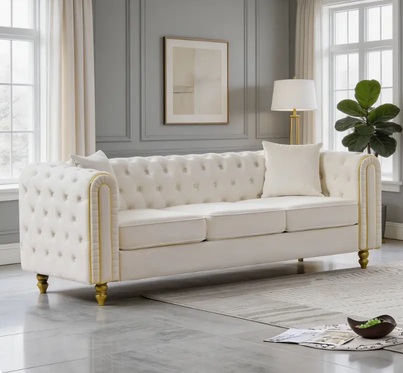 86-inch Beige Velvet 3-Seat Modern Chesterfield-Style Sofa for Sofas Living Room - Comfy Velvet Fabric, Deep Button Tufting, Rolled Arms, Gold Legs, Sturdy Frame, Foam Cushioning, 600 lbs Capacity