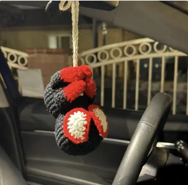 Spider Man Crochet Car Charm Is a Cute Handmade Style Rearview Mirror Hanging Ornament for Car Decor and Gifts Birthdays