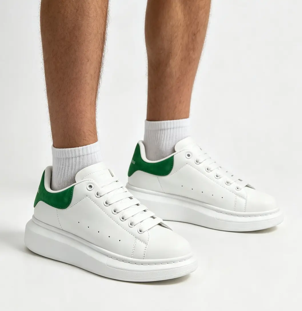 Couple Matching Two Tone White Platform Trainers With Fresh Green Suede Back, Versatile All Season Chunky Sole Walking Sneakers Walking Shoes Sports Shoes
