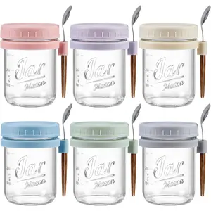 6 Pack Overnight Oats Containers with  and Spoons, 16 oz Glass Mason Overnight Oats Jars, Large Capacity Airtight Jars for Milk, Cereal, Fruit
