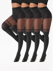 Women's Striped & Solid Color Slim Fit Leggings, Perfect for Daily Wear & Underwear Layering, Ideal Gift Choice, Pack of 4