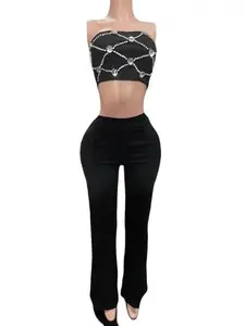 Womenswear Black Strapless Top and Pants Set with Rhinestone Accents for Night Out Stylish Elegant and Comfortable Modern Trendy Appearance