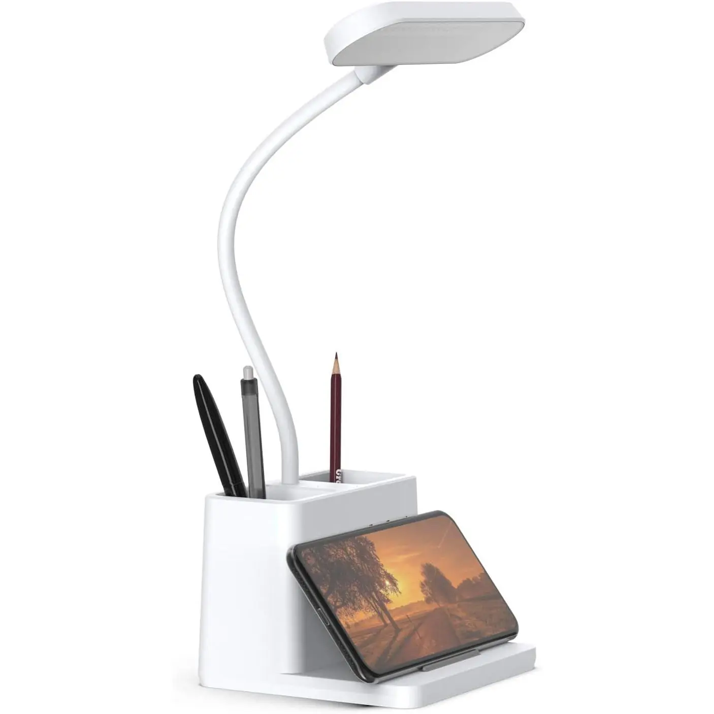 Rechargeable Adjustable Small LED Desk Lamp with Pen Holder - White Mini Gooseneck, Simple Design, Home Office Use, Parents’ College Dorm Task Lighting for Computer Keyboard Desktop, Includes Batteries, Study
