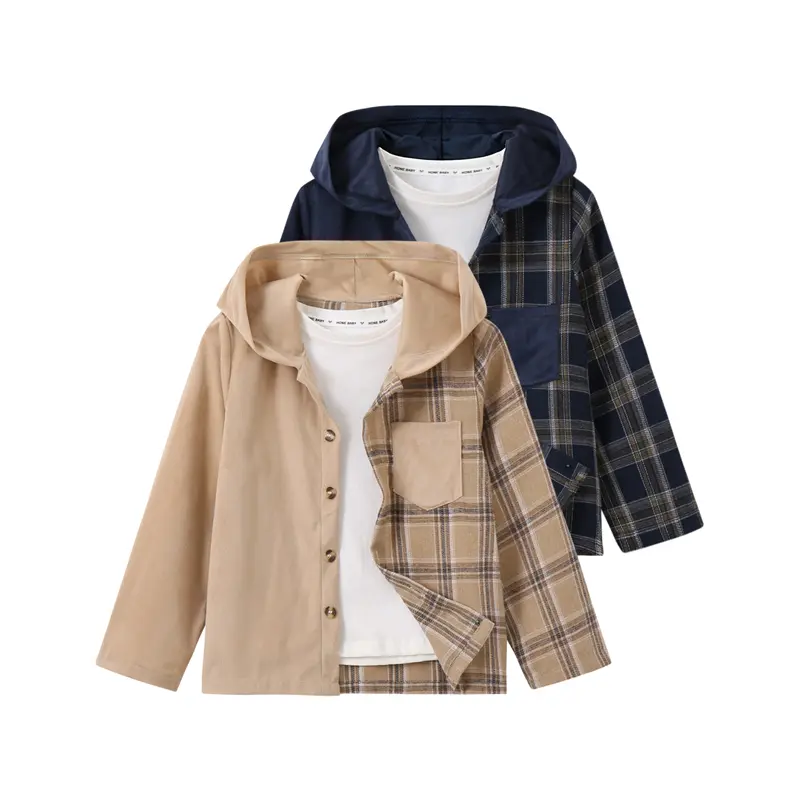 2-piece set of boys' spring and autumn hooded plaid shirts with pocket design, trendy versatile style, casual fashion outdoor wear