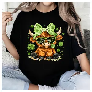 100% Cotton Happy St. Patrick's Day Highland Cow "Lucky" Graphic Tee, Funny Retro Shamrock  Highland Cow Graphic Shirt, Holiday Gift for Women Men