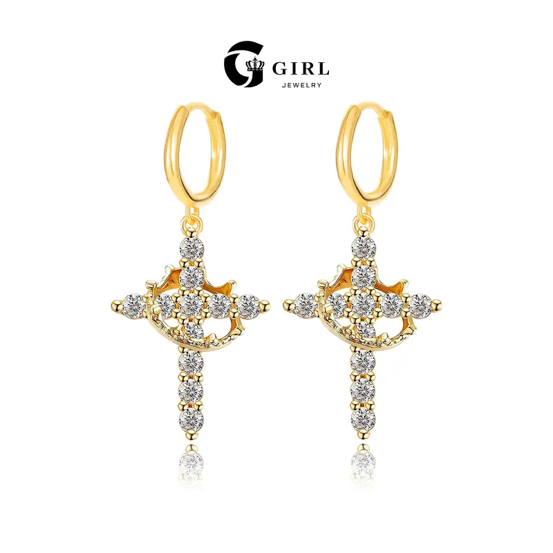 GGIRL 18K Gold Plated Crown Dainty Cross Earrings for Women, CZ Pendant Hypoallergenic Tarnish Proof Jewelry, Chic Polish Accessories Fashion Jewelry Gifts for Daily Summer Beach Parties Holiday Birthdays Anniversaries Back to School Various Occasions