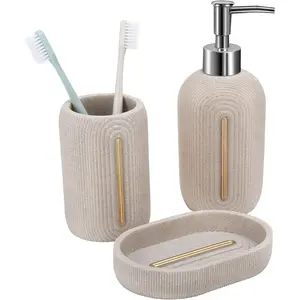 Bathroom accessory set resin sandstone lookbathroom soap dispenser set lotion soap dispenser toothbrush holder set soap dish beige 3pcs