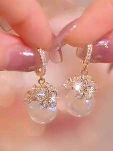 Elegant Faux Pearl Earrings with Sparkling Artificial Zircon, Dangle Hoop Earrings For Women, High Quality Earrings, Perfect Birthday Anniversary Gift for Women, Fashionable Jewelry Accessories