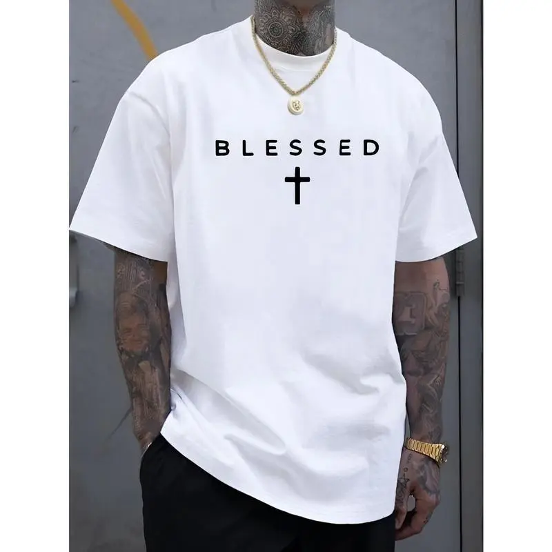 Men'S Casual Crew Neck T-Shirt with Cross & "BLESSED" Letter Print, 100%cotton Knit Fabric, Regular Fit Short Sleeve Tee for Summer, Comfortable & Versatile Weekend Casual Wear, Everyday Tshirt | Sleek Black Tee | Lightweight Fabric