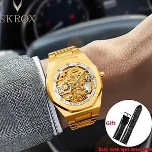 High-end Luxury Designer Automatic Movement Clock Gold Mens Watch Vintage Stainless Steel Skeleton Mechanical Male Wrist Watches