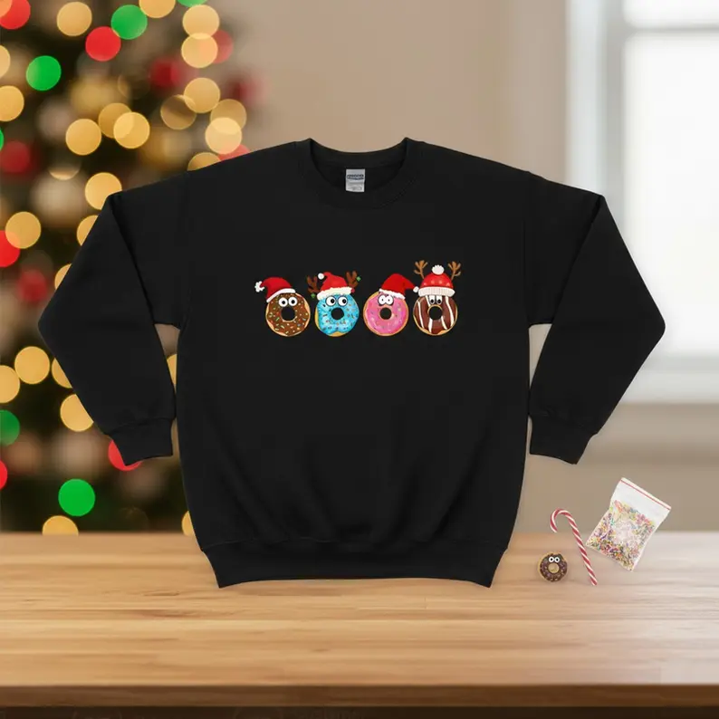 Funny Christmas Donut Sweatshirt – Cute Holiday Dessert Graphic Pullover, Festive Santa & Reindeer Donuts Crewneck, Cozy Winter Foodie Sweater | Sweatshirt | Cotton | Novelty | Unisex | Graphic | Gift for Him/Her