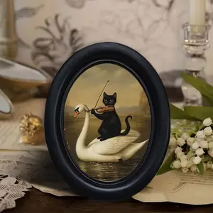 1 count, 6.8*8.7inch Vintage Cat Playing Violin on Swan Oval Photo Frame - Artificial Wood Framed Home Decor, Home Decor Accessory - Cat Decor, Classic Style, Framed Art Wall Decor
