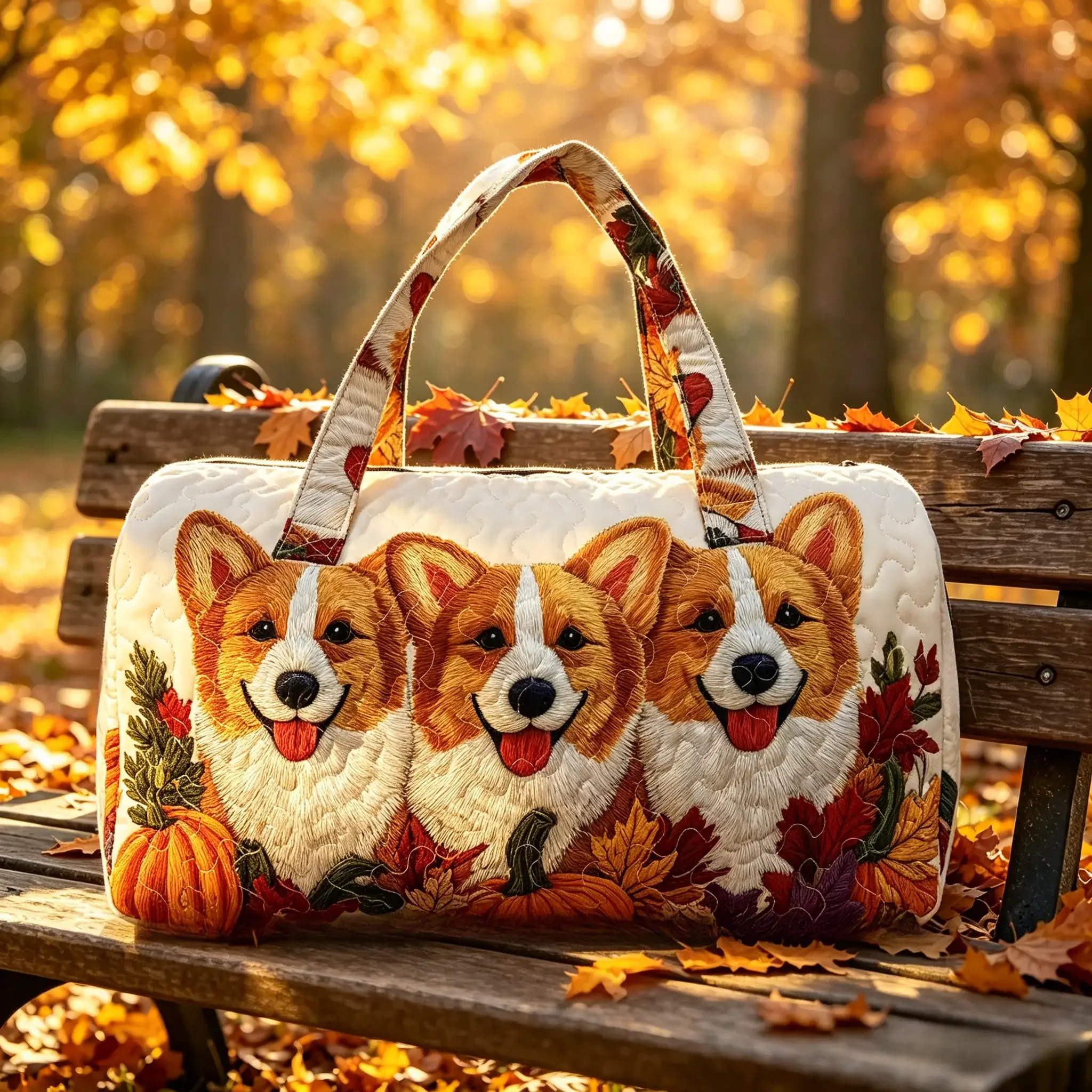 Autumn Corgi Quilted Weekender Bag, Large Capacity Pumpkin Harvest Boho Travel Tote, Quilted Fabric Duffel Bag, Perfect Gift for Dog & Pet Lovers