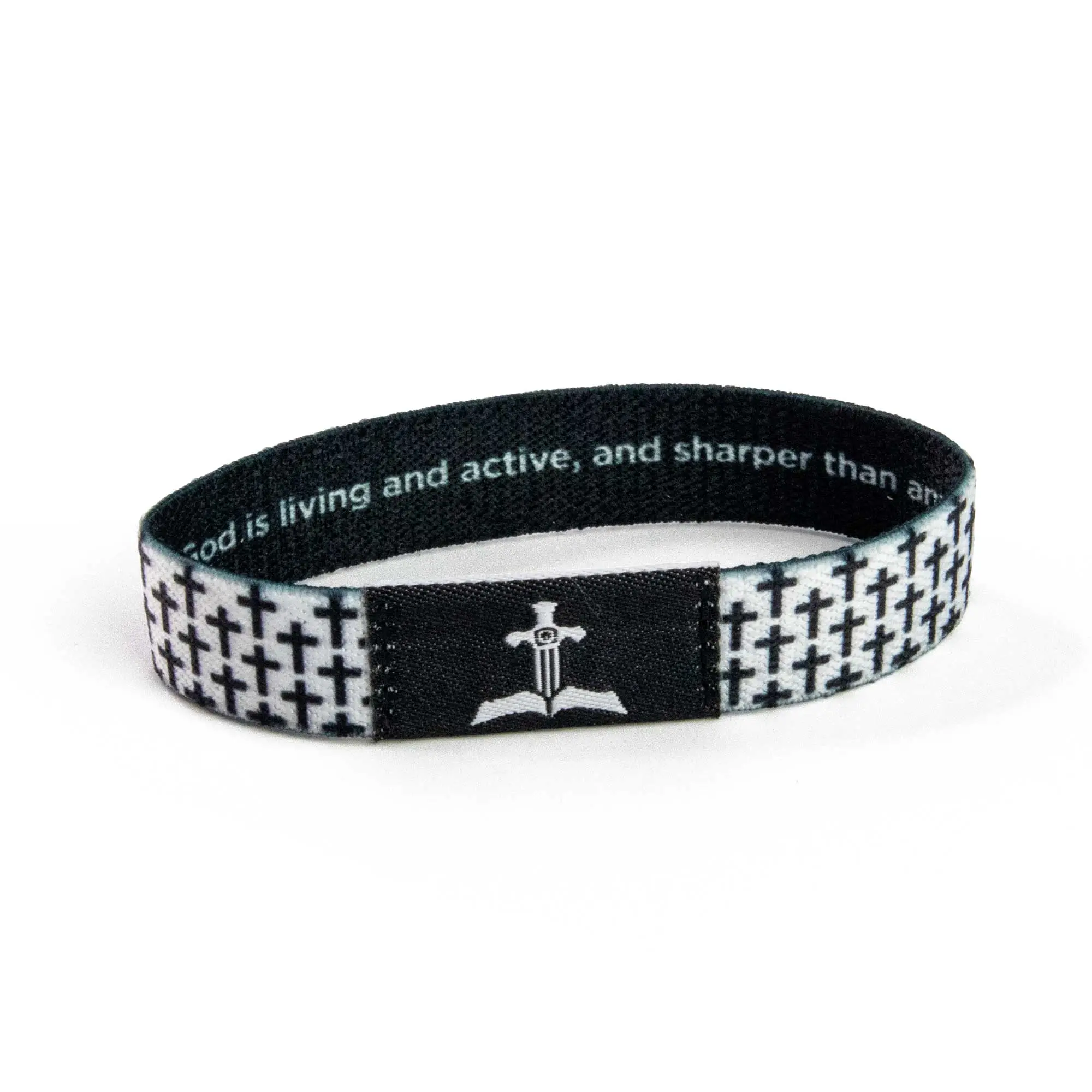 Black and White Crosses, Hebrews 4:12 - Logos Tap Stretch Bracelet