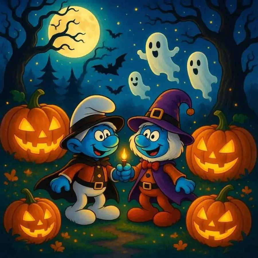 5D DIY Full Drill Round Diamond Painting - Diamond Art Kit Smurfs, Pumpkin, Ghost Mosaic, Canvas - DIY Home Decor, Wall Decoration, Suitable for Halloween and Christmas, Birthday and Anniversary Gifts