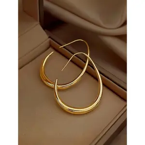 Lightweight Teardrop Hoop Earrings for Women - 18k Gold/White Gold Plated Large Oval Pull Through Hoop Earrings High Polished Statement Jewelry Gift for Women